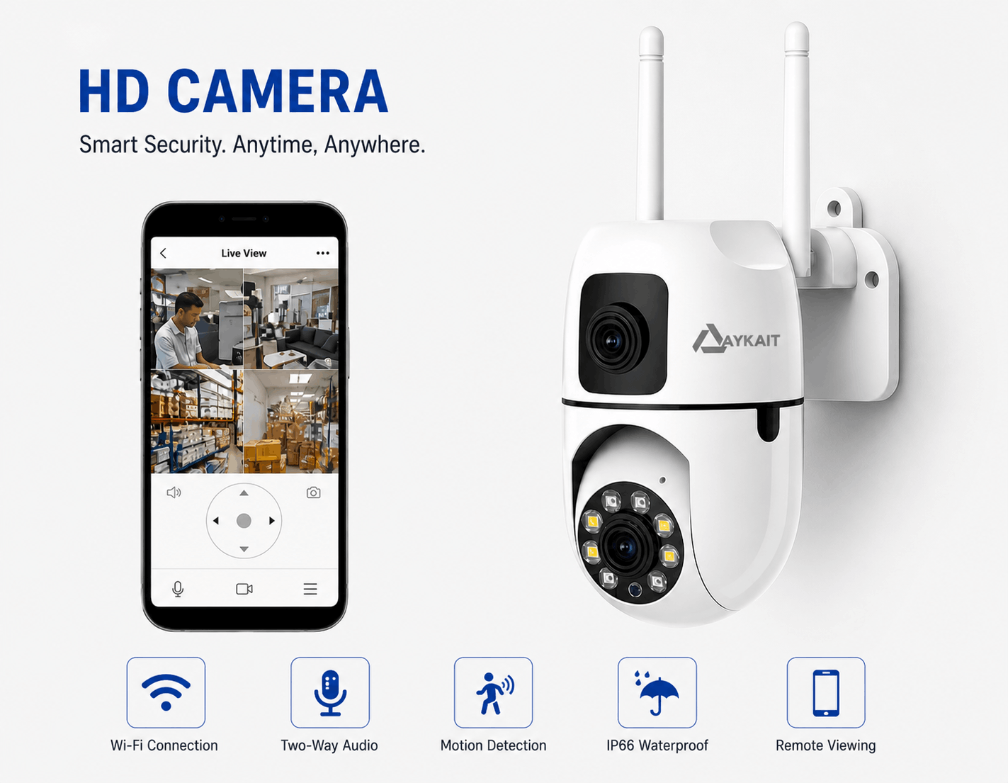 AYKAIT Dual Lens WiFi PTZ Security Camera 2MP HD Outdoor Wireless CCTV Camera with Night Vision, Two-Way Audio & Mobile App Control ( 2 year warranty )