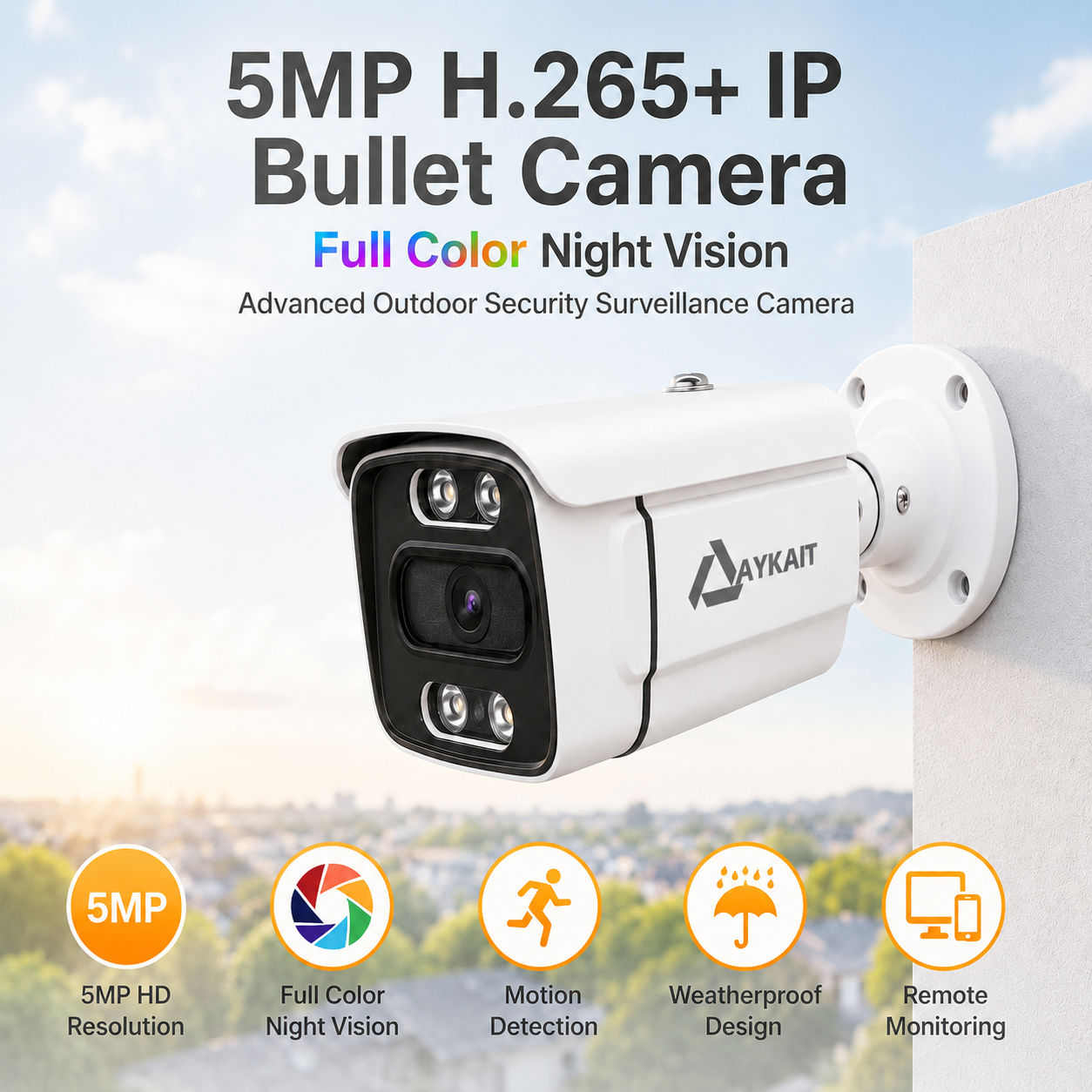 AYKAIT 5MP H.265+ Full Color Night Vision IP Bullet Camera | Advanced Outdoor Security Surveillance Camera