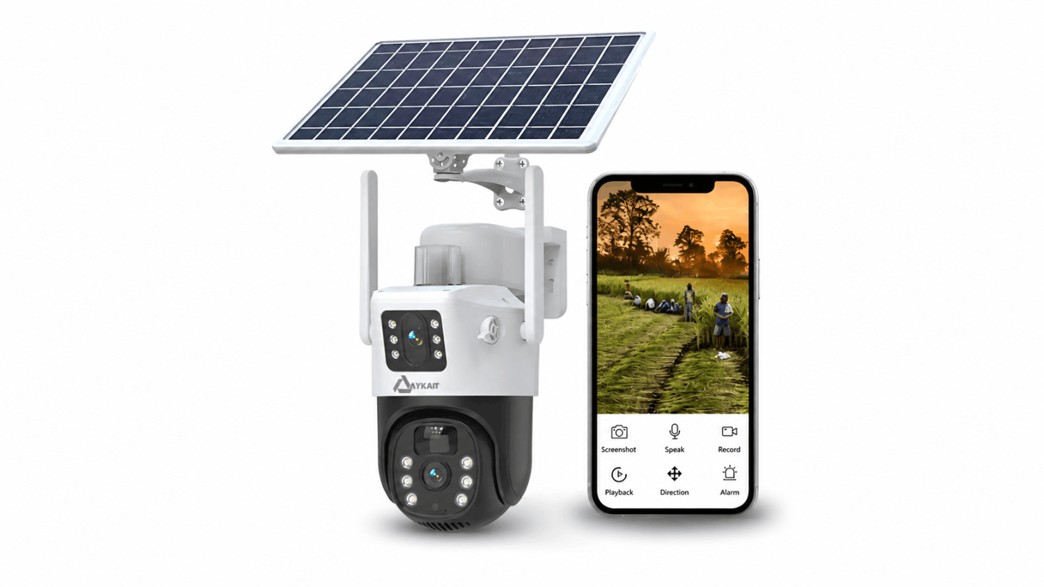 AYKAIT Solar Dual Lens PTZ WiFi Security Camera 4G/Wireless Outdoor CCTV Camera with Solar Panel, Night Vision, Motion Detection & Two-Way Audio