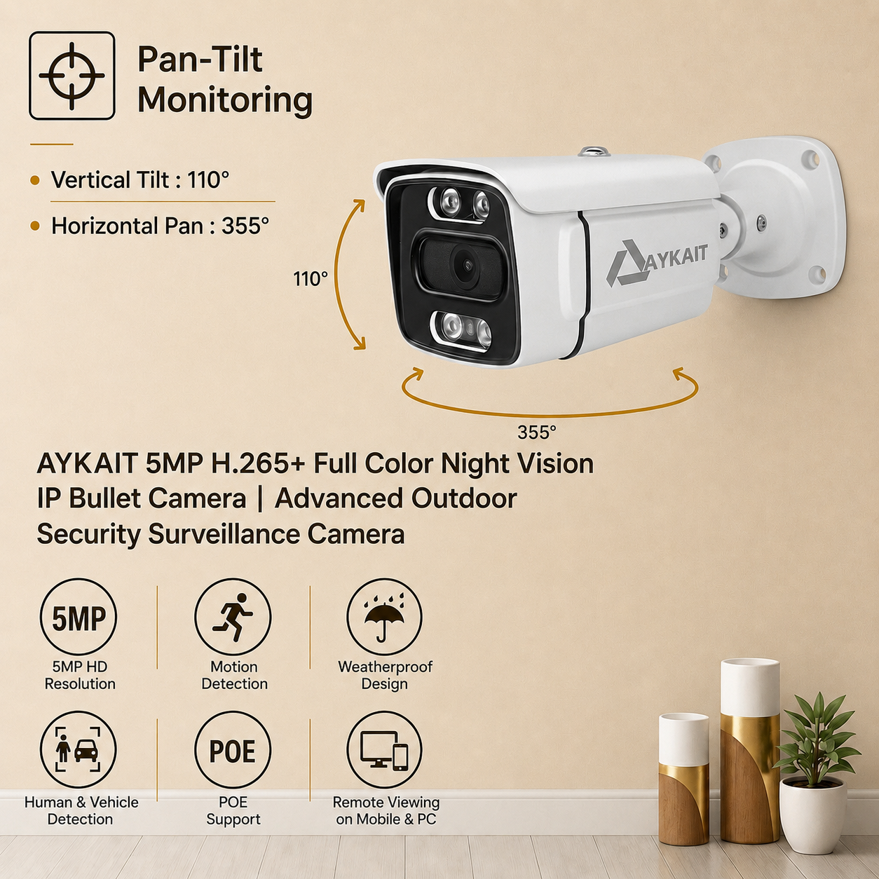 AYKAIT 5MP H.265+ Full Color Night Vision IP Bullet Camera | Advanced Outdoor Security Surveillance Camera