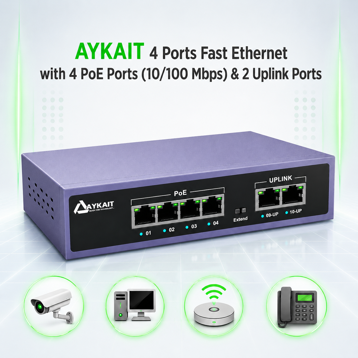 AYKAIT 4 Port PoE Switch with 2 Uplink Ports | 4 PoE 10/100Mbps + 2 Uplink 100Mbps Smart Network Switch | CCTV, IP Camera & Security Surveillance Power Supply