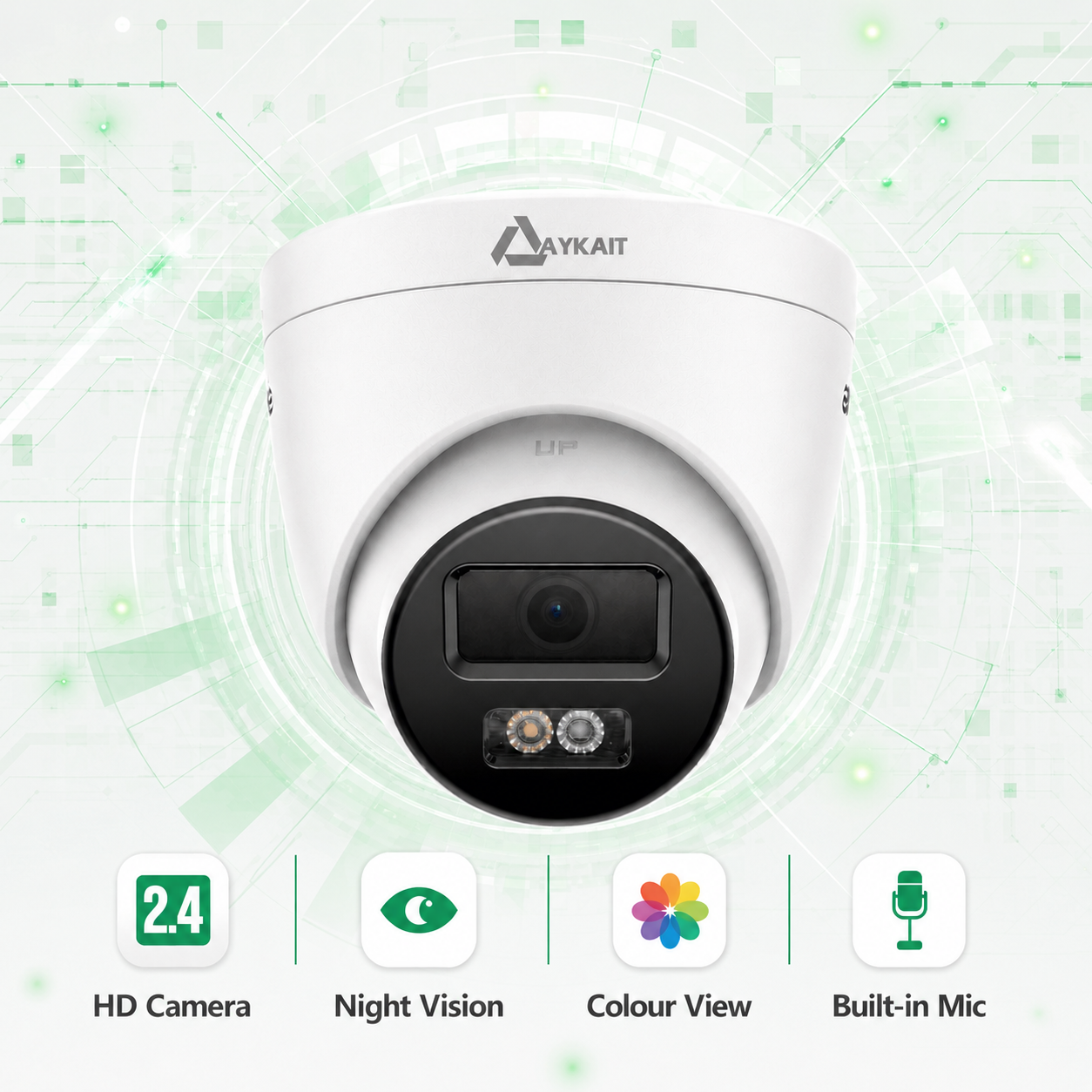 AYKAIT 2.4MP HD Dome CCTV Camera with Night Vision, Full Color View & Built-in Mic | 1080P Indoor/Outdoor Security Camera